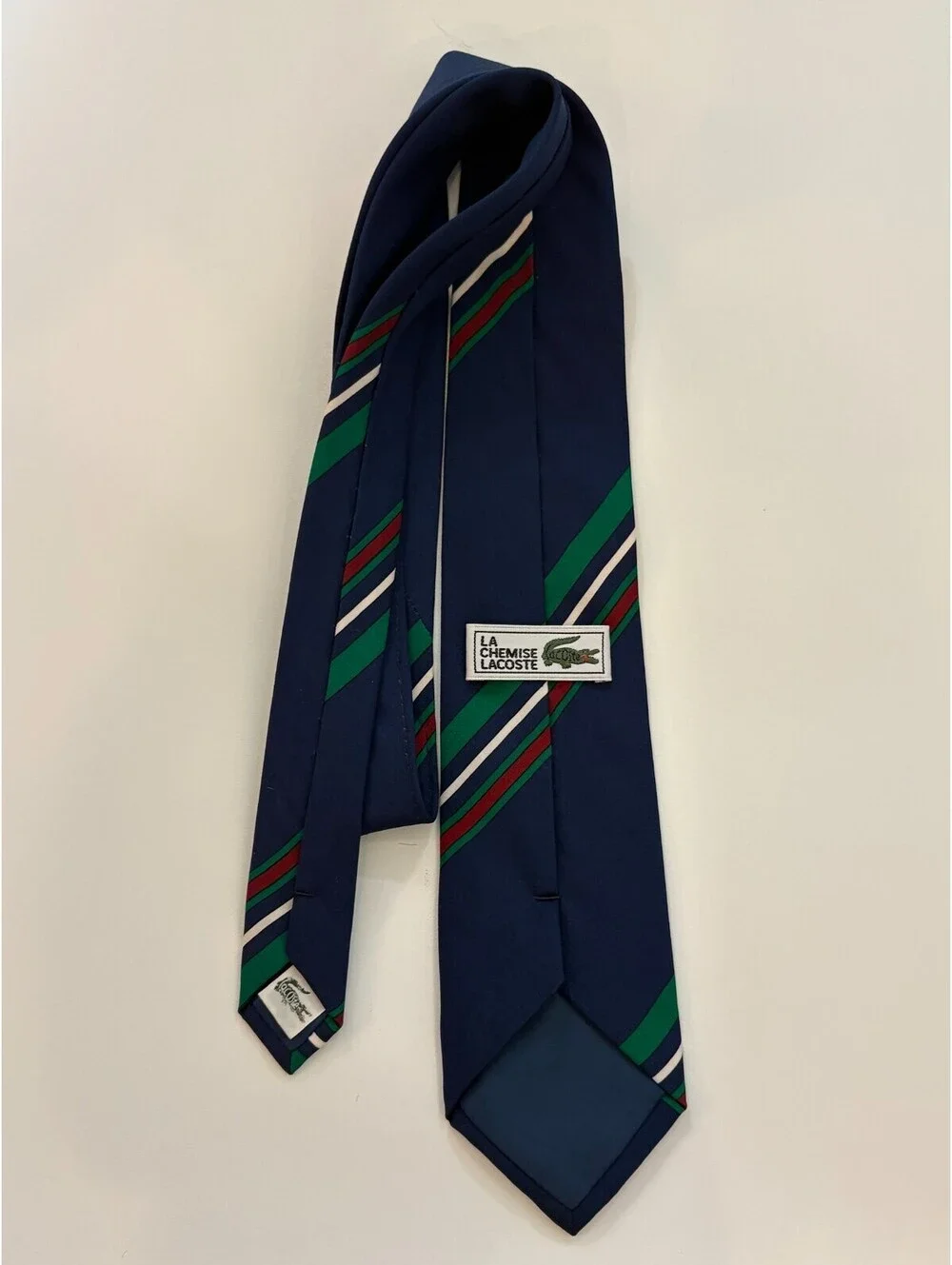 Vintage La Chemise Lacoste Silk Necktie Navy Striped Embroidered Crocodile Japan